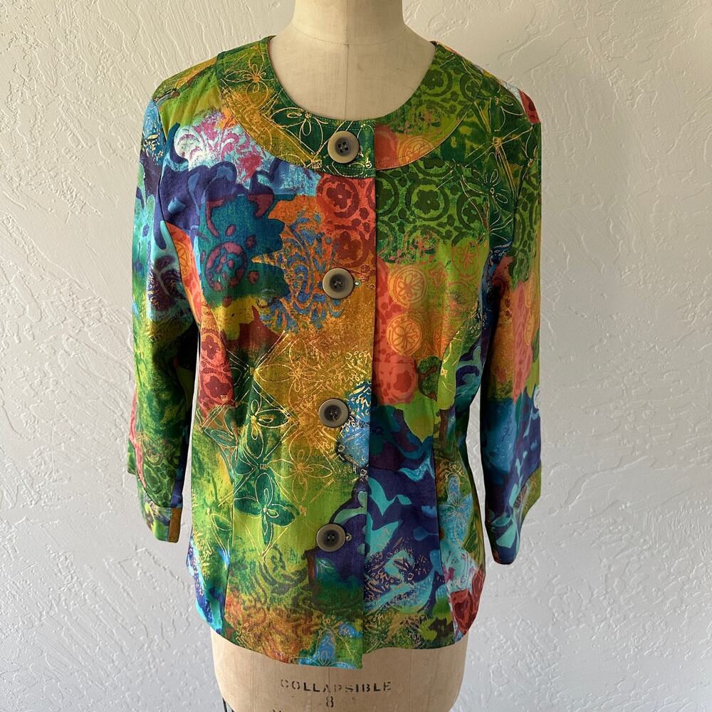 COLDWATER CREEK Womens Patchwork Foil Print Jacket Sz 12 Colorful Art to Wear